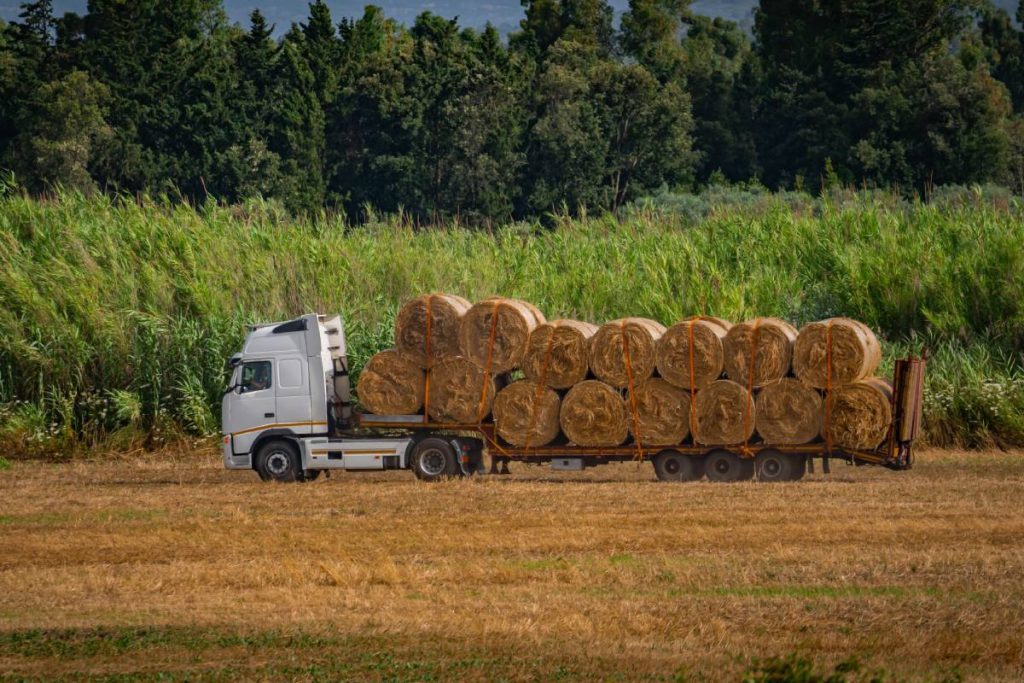 A close-up of a large truck hauling multiple round bales of hay driving through a wheat stubble