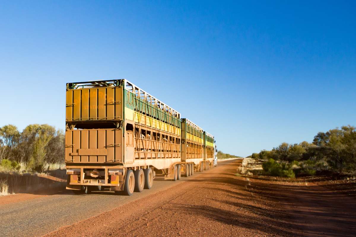 Gemtree, Australia - July 6 2015: An iconic 3 trailer Australian road train travels along the Plenty Hwy near Gemtree in Northern Territory, Australia