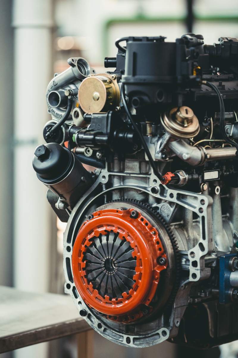 A vertical shot of the engine created in the manufacturing plant